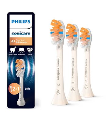 Philips Sonicare A3 Premium All-in-One, Genuine Replacement Toothbrush Heads, White, 2+1 Pack, HX9093/87<br/>