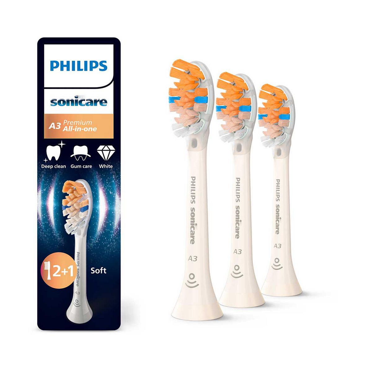 Philips Sonicare A3 Premium All-In-One, Genuine Replacement Toothbrush Heads, White, 2+1 Pack, Hx9093/87 Br/>