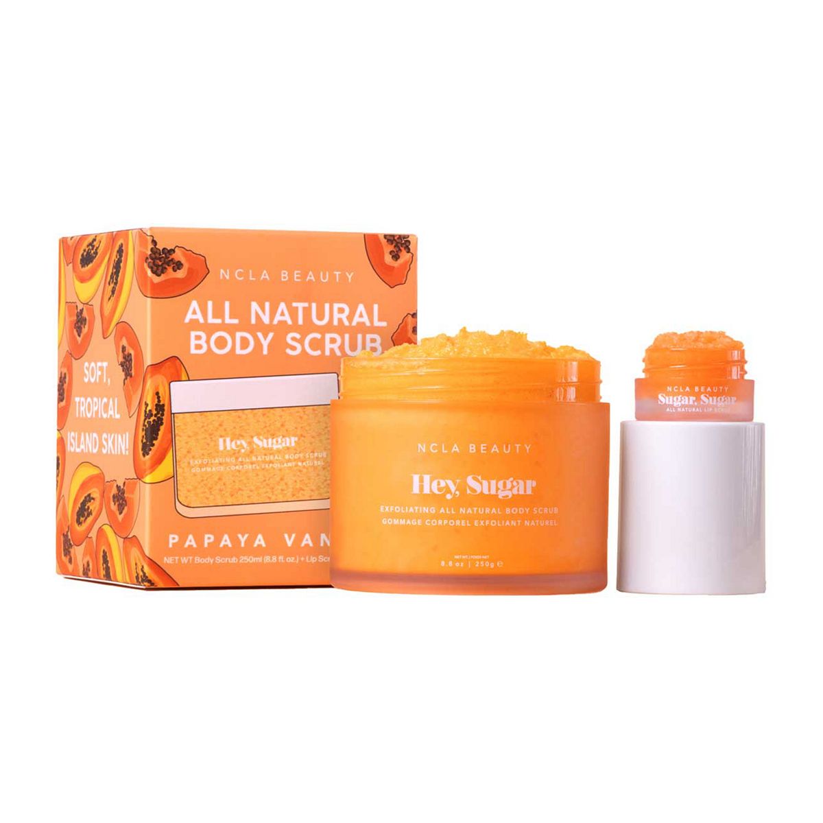 NCLA Beauty Ncla Hey Sugar Papaya Vanilla Lip & Body Scrub 2 Pcs Set - 5Ml Mini +250 Ml Scrub, 250ml