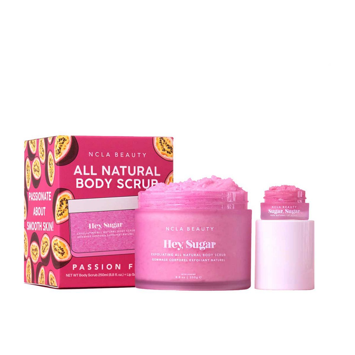 NCLA Beauty Ncla Hey Sugar Passion Fruit Lip & Body Scrub 2 Pcs Set - 5Ml Mini +250 Ml Scrub, 250ml
