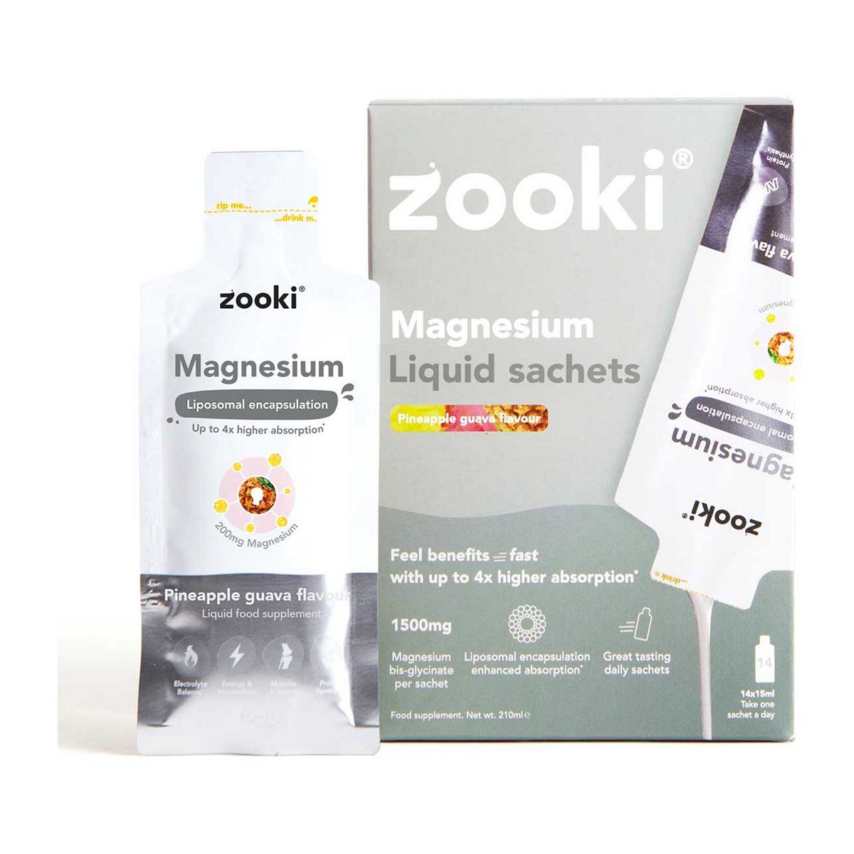 Zooki Liposomal Magnesium Bisglycinate 1,500Mg, Pineapple Guava Flavour - 14X15ml Liquid Sachets