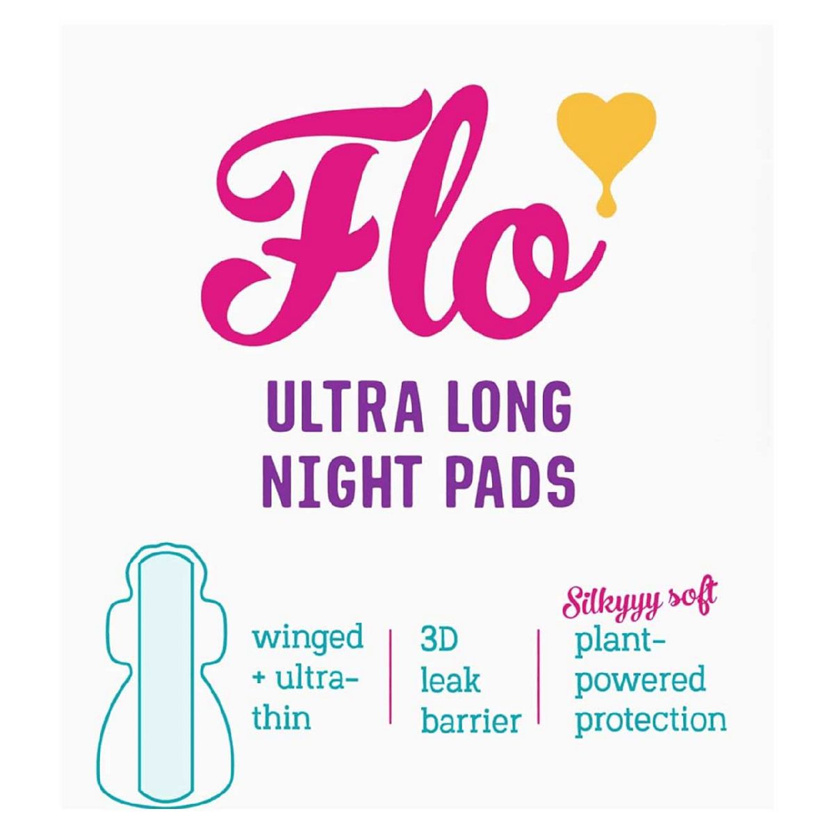 Flo Ultra Long Night Bamboo Pads With 4 Wings (10 Pads) - Super Absorbent + Soft