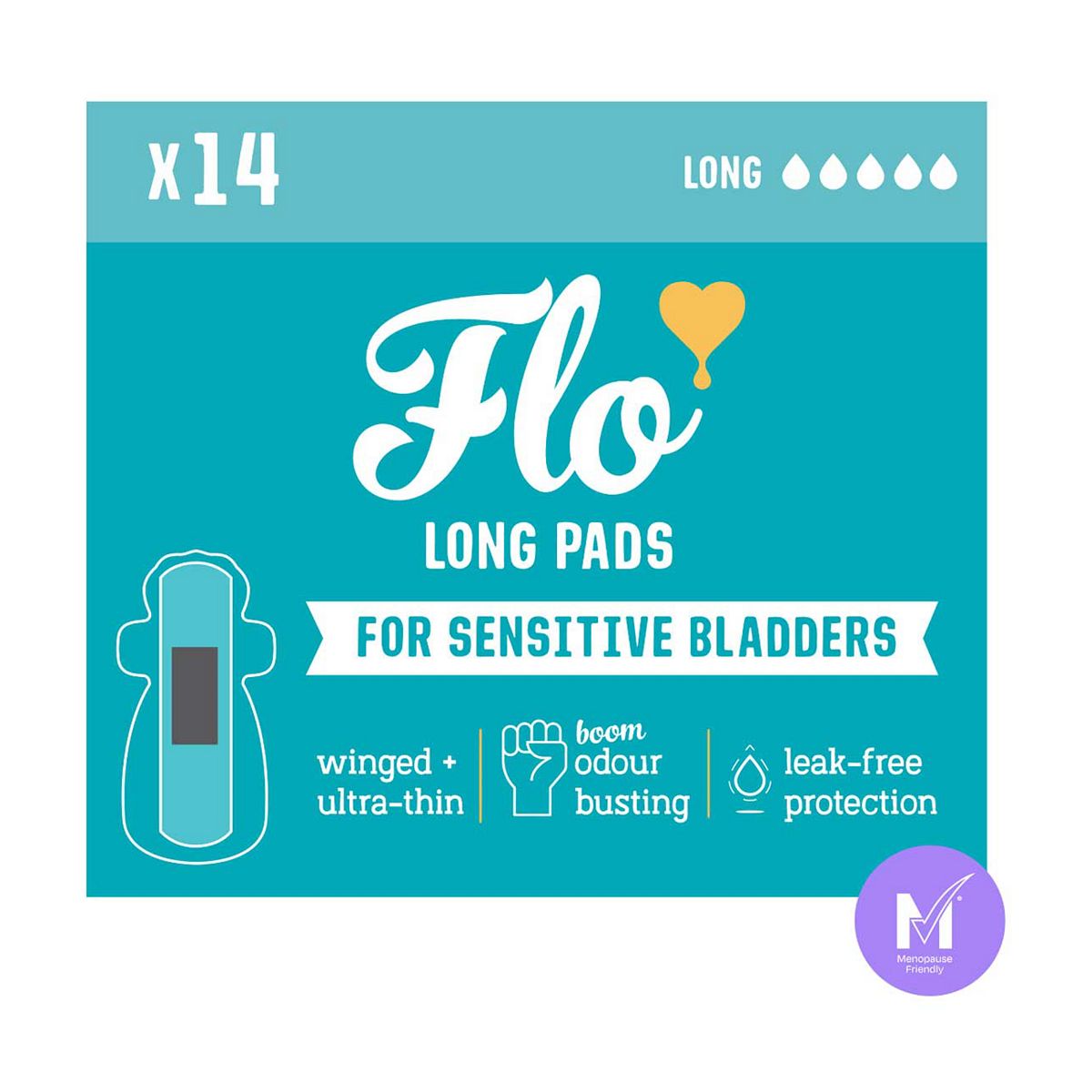 Flo Sensitive Bladder Bamboo Long Pads With Wings (14 Pads) - Discreet, Medium Incontience, Ultra Thin + Hypoallergenic, 200Ml