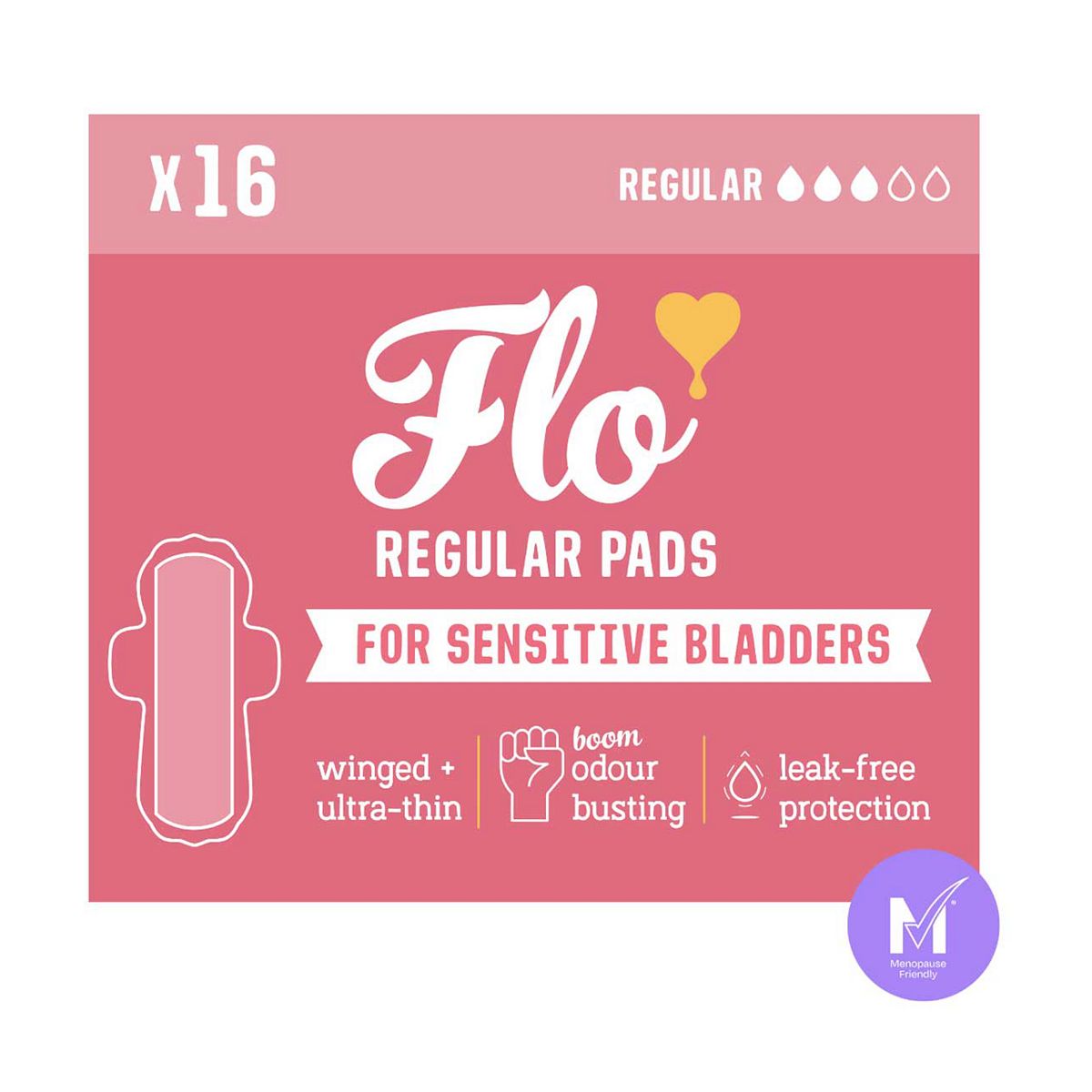 Flo Sensitive Bladder Bamboo Regular Pads With Wings (16 Pads) - Discreet, Light Incontience, Ultra-Thin +Hypoallergenic Br/>, 150Ml