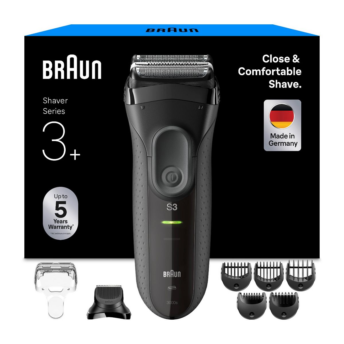 Braun Series 3+ Electric Shaver, Beard Trimmer Attachment, Dry, 3000Bt, Grey