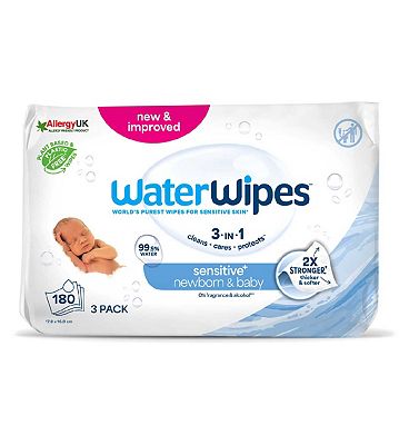 WaterWipes Sensitive Newborn & Baby Wipes 3 Pack (180 Wipes)
