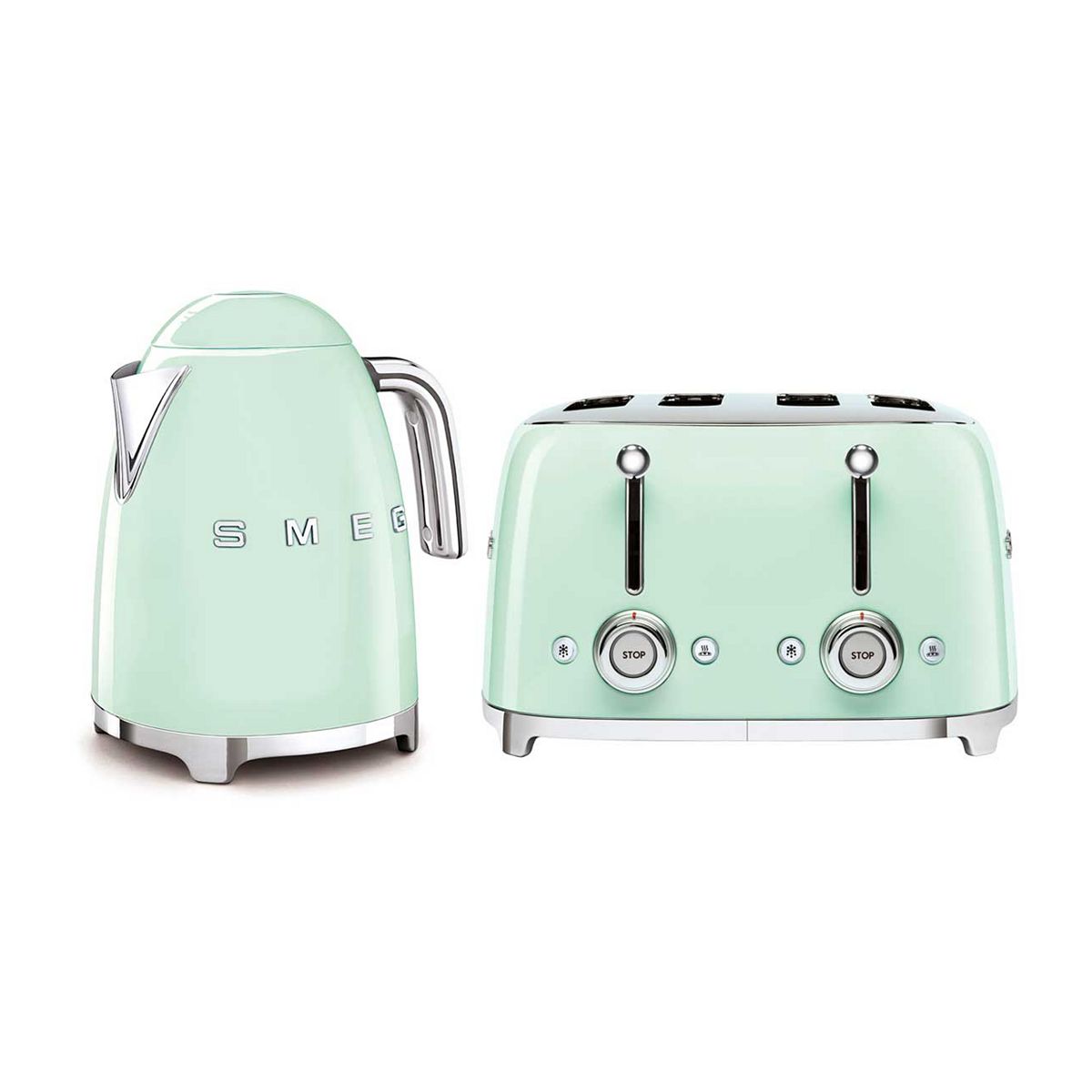 Smeg Kettle And 50'S 4 By Slice Toaster Pastel Green Set