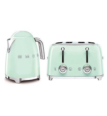 Smeg Kettle and 50's 4 by 4 Slice Toaster Pastel Green Set