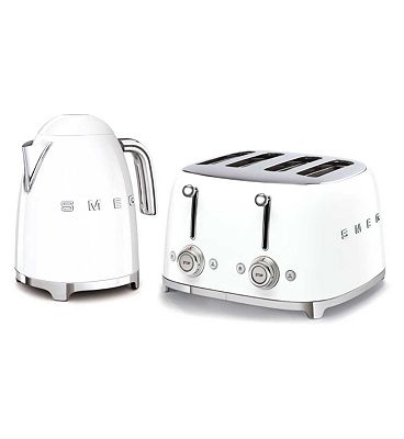 Smeg Kettle and 50's 4 by 4 Slice Toaster White Set