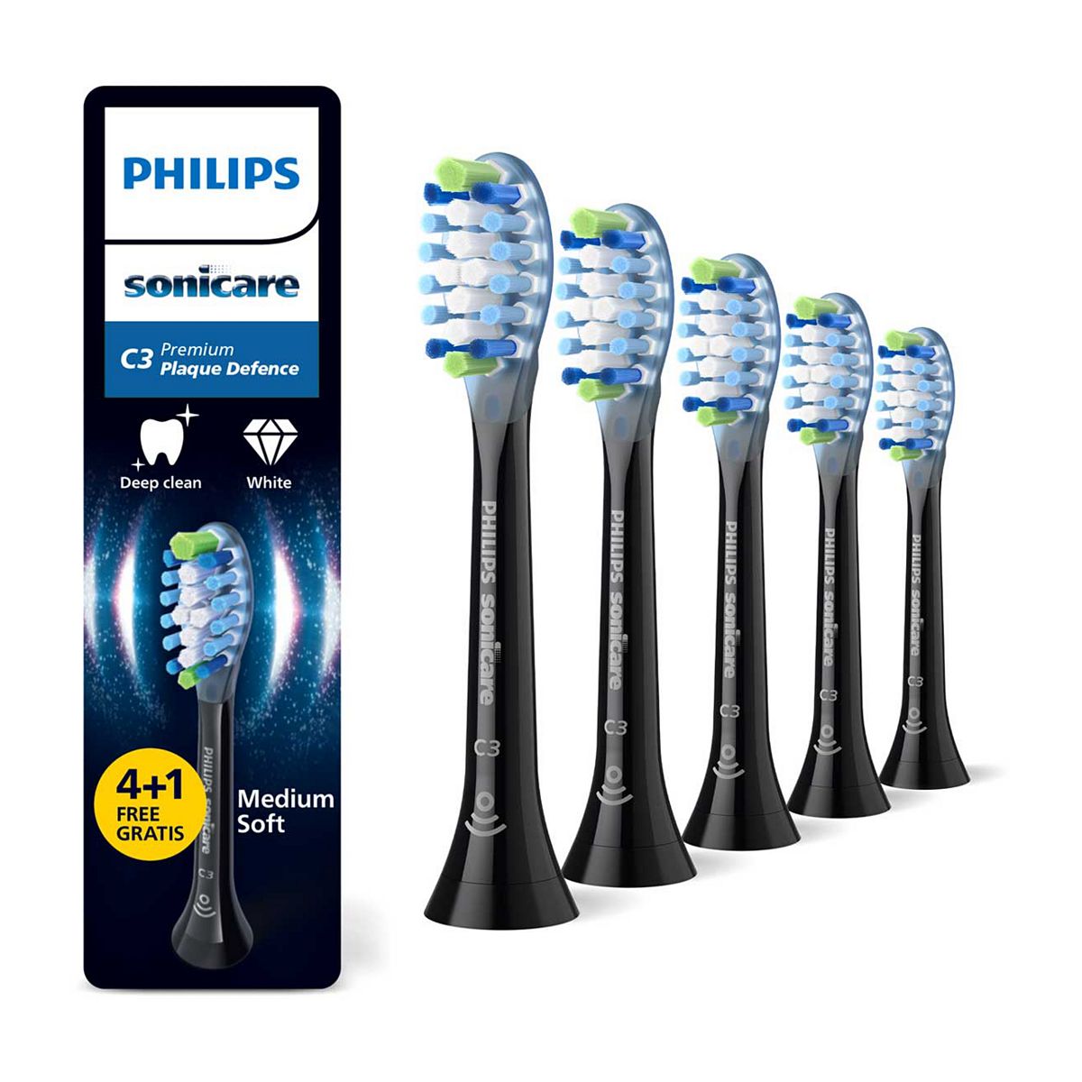 Philips Sonicare C3 Premium Plaque Defence Genuine Replacement Toothbrush Heads Black 4+1 Pack Hx9045/88