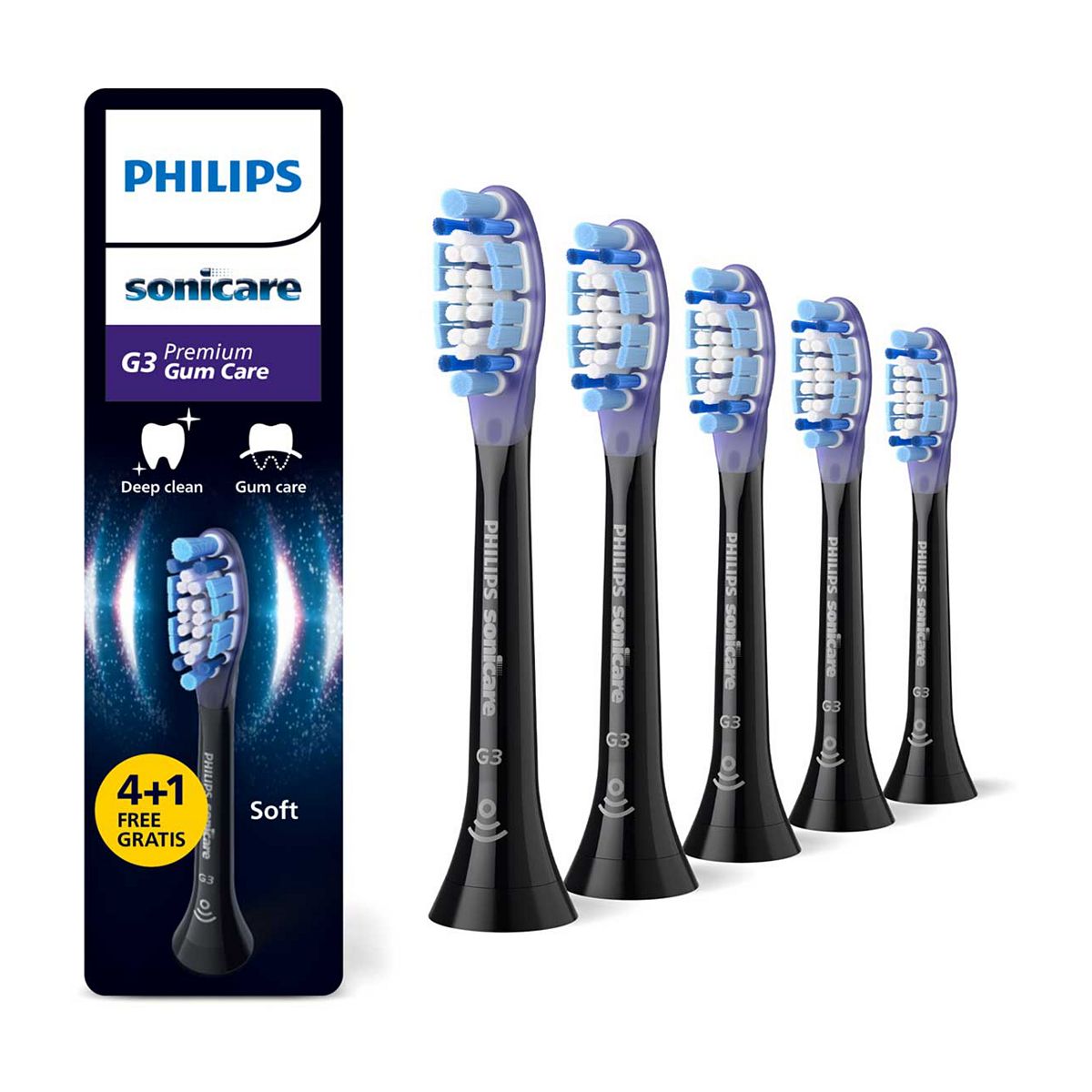 Philips Sonicare G3 Premium Gum Care Genuine Replacement Toothbrush Heads Black 4+1 Pack Hx9055/88