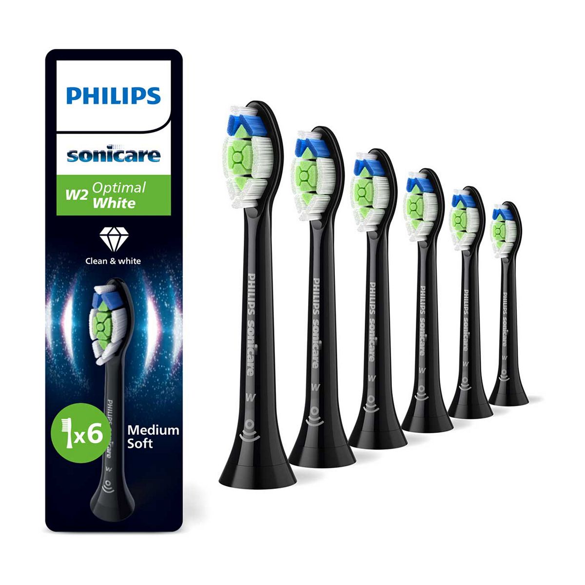 Philips Sonicare W2 Optimal White Genuine Replacement Toothbrush Heads Black 6 Pack Hx6066/88