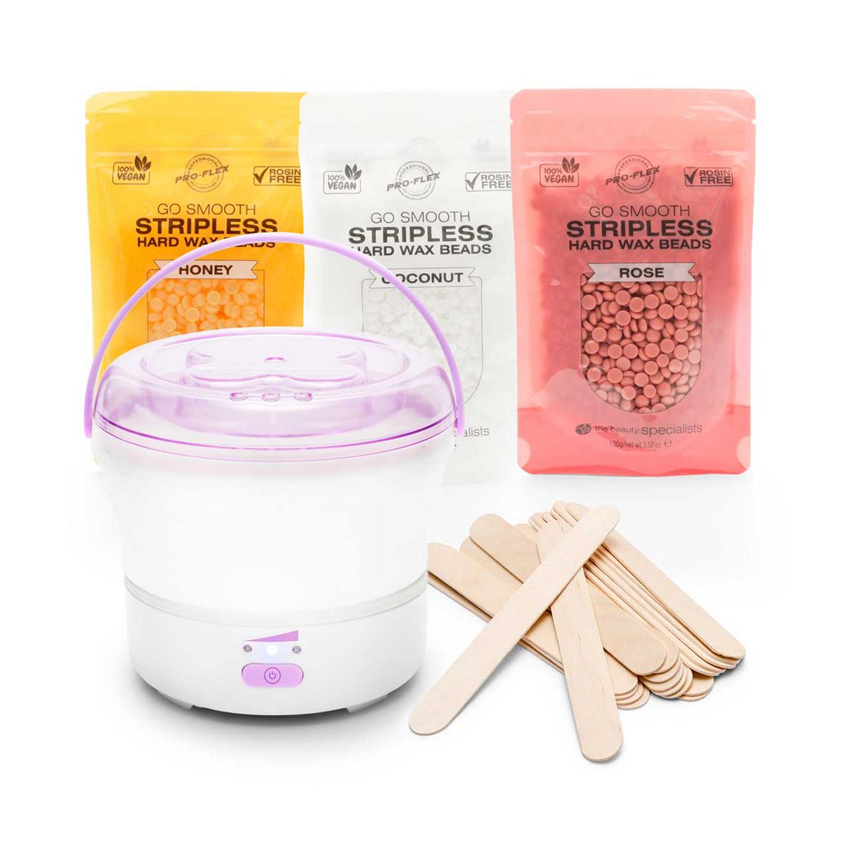 RIO Go Smooth Hard Wax Heater Including 3 X 100G Bags Of Stripless Beads: Rose, Honey & Coconut