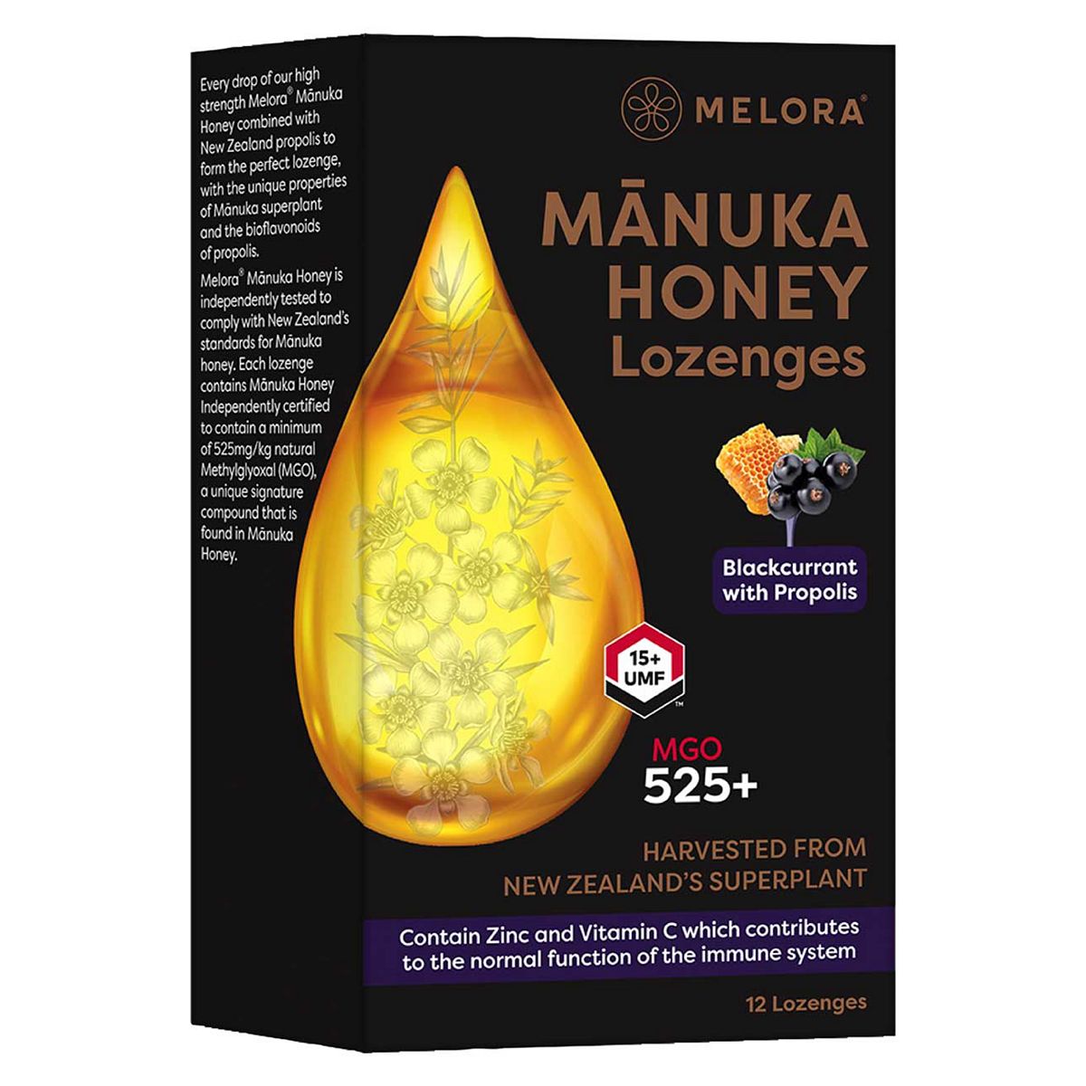 Melora Manuka Honey And Propolis Lozenges Blackcurrant 12S