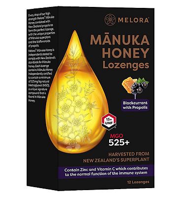 Melora Manuka Honey And Propolis Lozenges Blackcurrant 12S