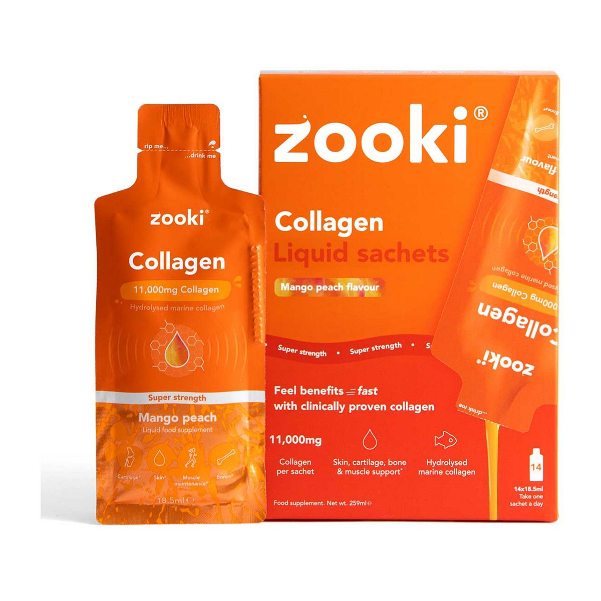 Zooki Super Strength Marine Collagen 11000Mg Liquid Sachets Mango Peach Flavour 18.5Ml 14S