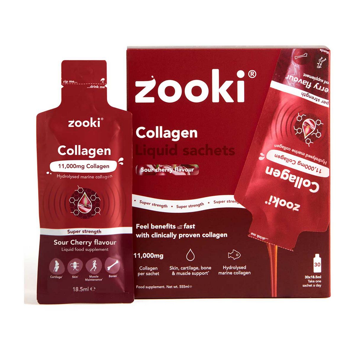 Zooki Marine Collagen 11000mg Liquid Sachets Sour Cherry Flavour 30 Count