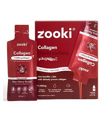 Click to view product details and reviews for Zooki Super Strength Marine Collagen 11 000mg Sour Cherry Flavour 30x185ml Liquid Sachets.