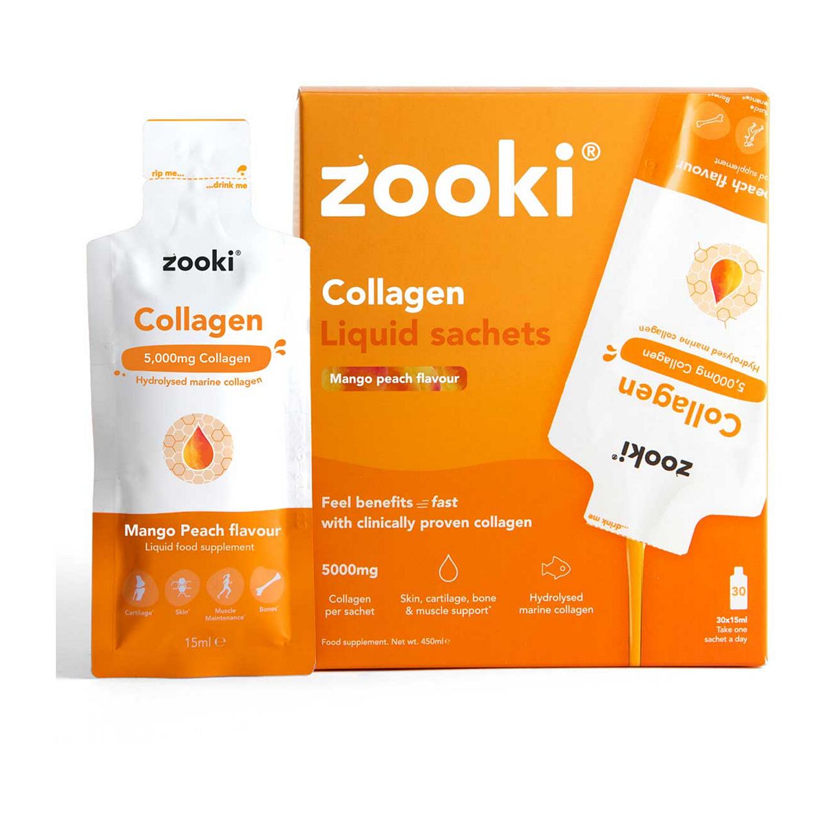 Zooki Marine Collagen 5,000Mg, Mango Peach Flavour - 30X15ml Liquid Sachets