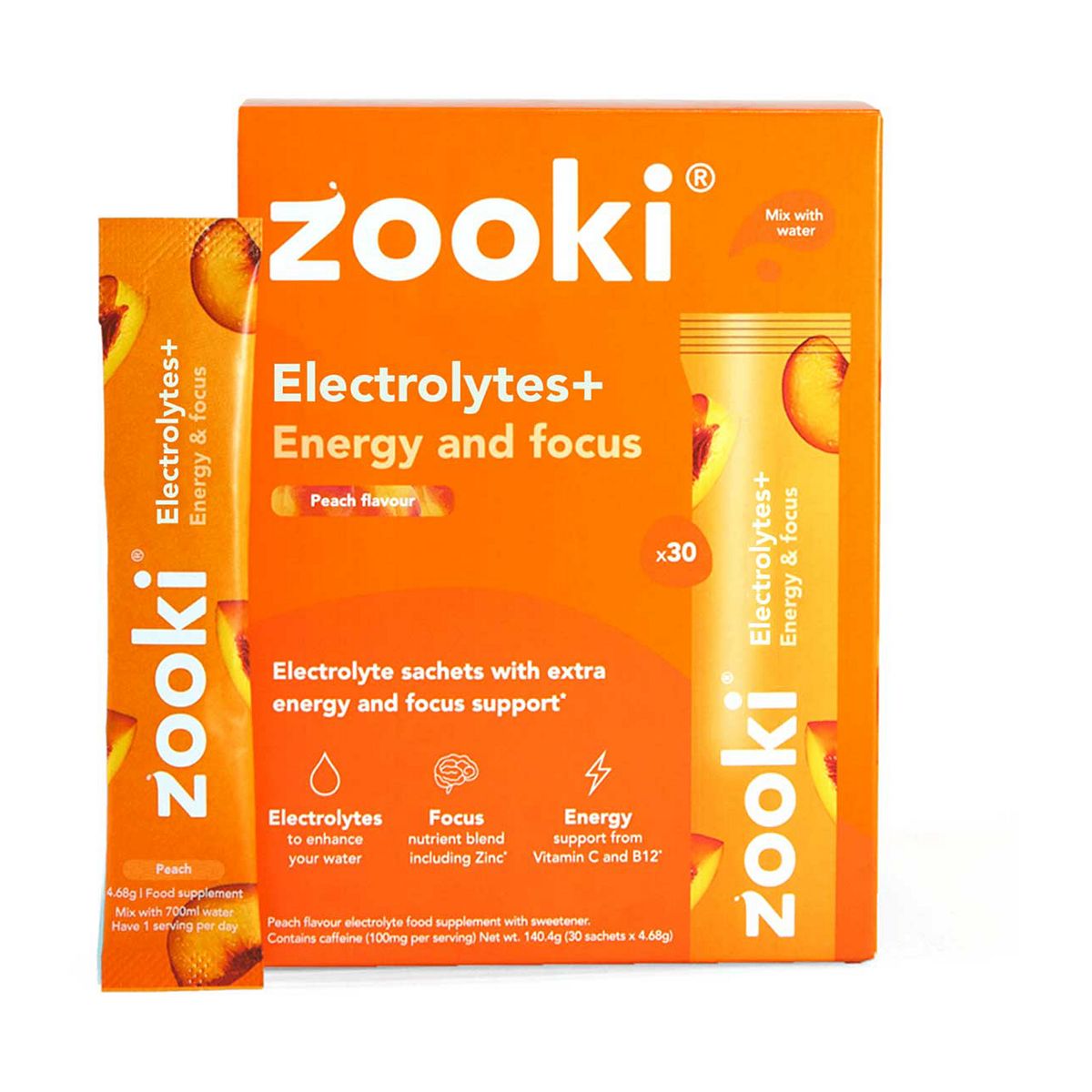 Zooki Electrolytes+ Energy & Focus, Peach Flavour - 30 Sachets