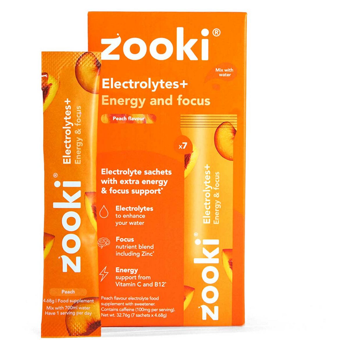 Zooki Electrolytes+ Energy & Focus, Peach Flavour - 7 Sachets, 68G