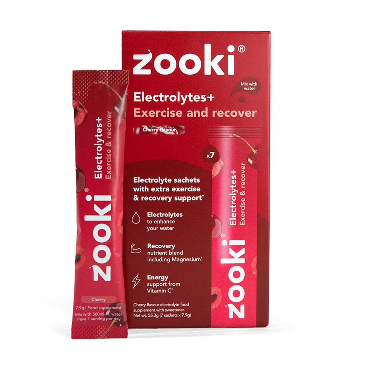 Zooki Electrolytes+ Exercise & Recover, Cherry Flavour - 7 Sachets