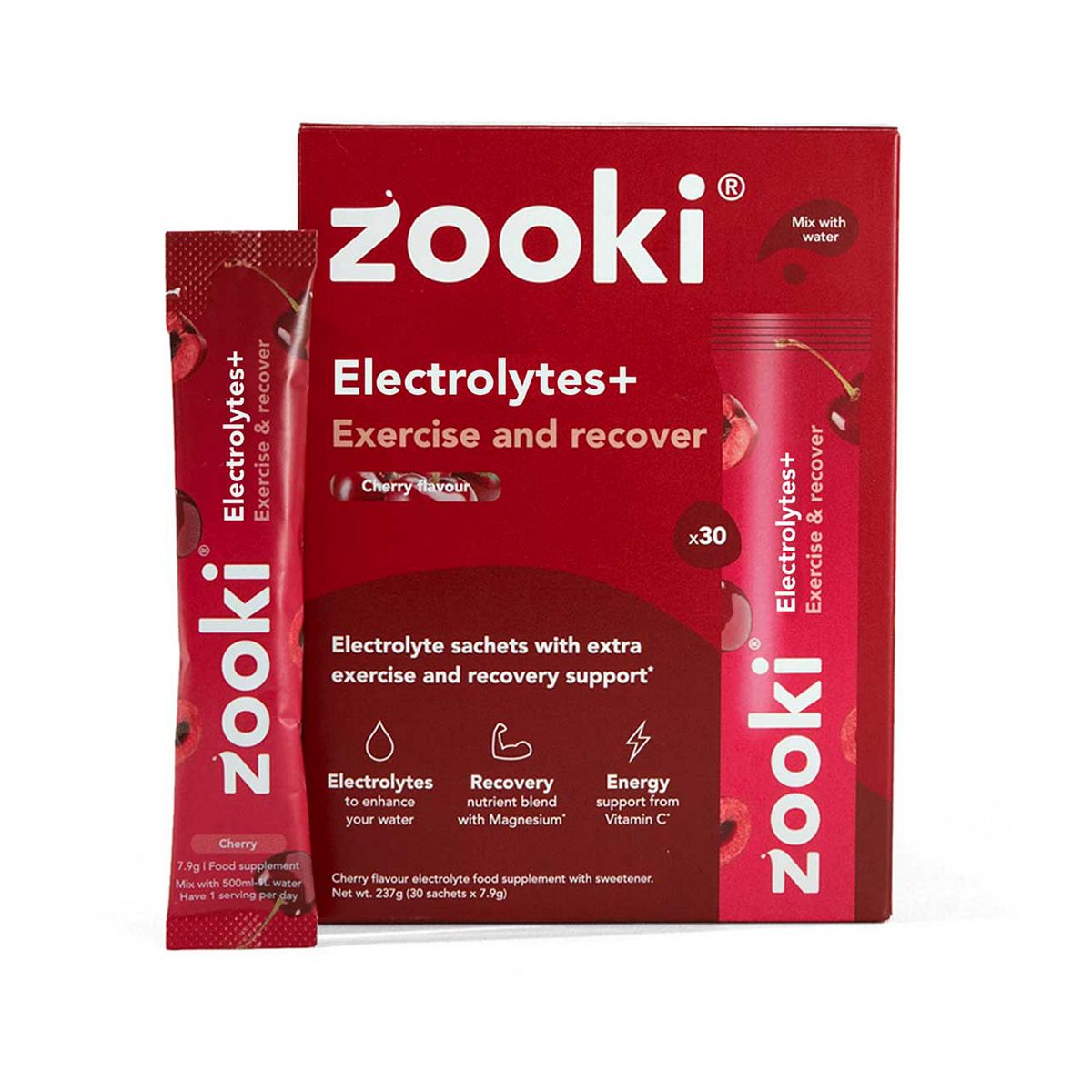 Zooki Electrolytes+ Exercise & Recover, Cherry Flavour - 30 Sachets