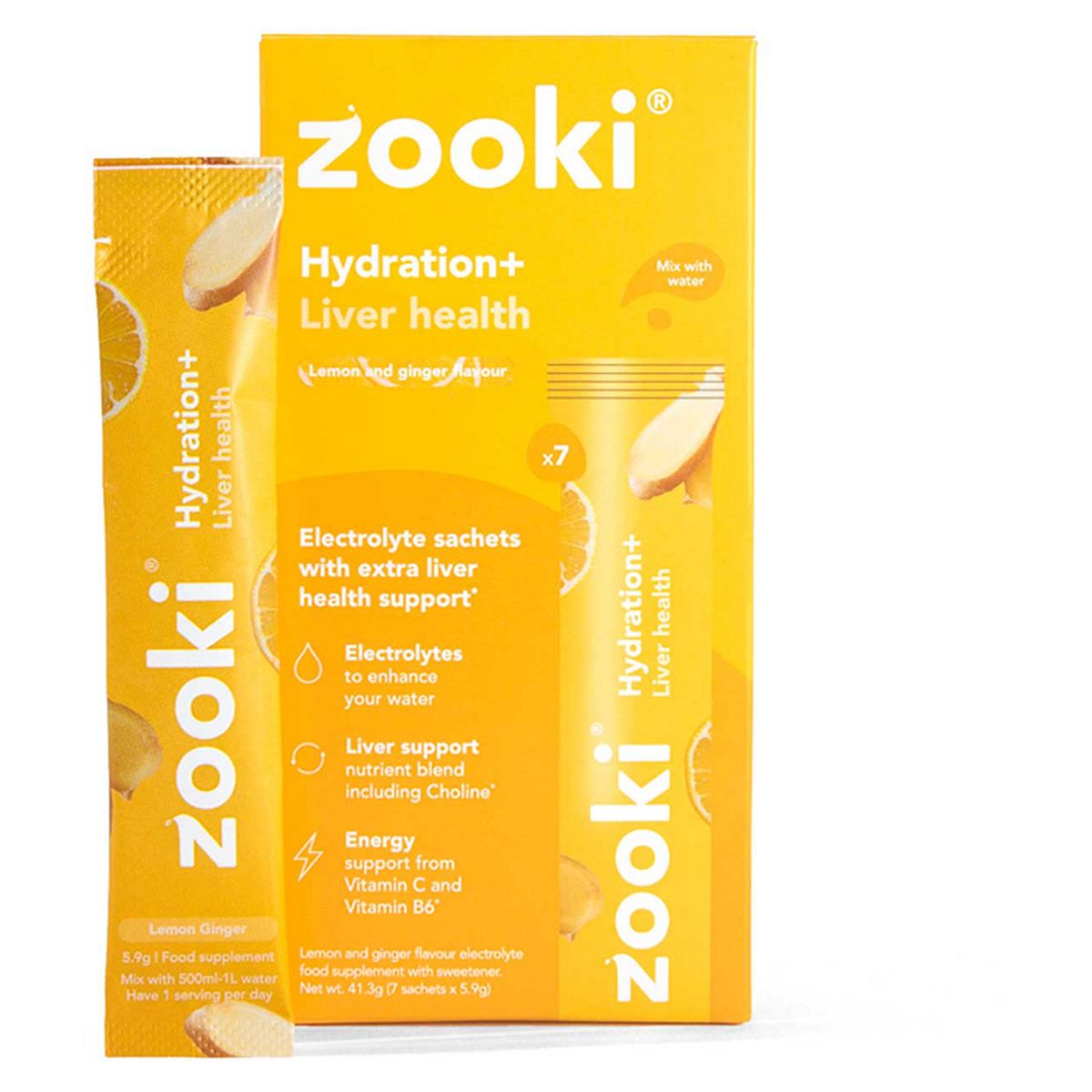 Zooki Electrolytes+ Liver Health, Lemon Ginger Flavour - 7 Sachets