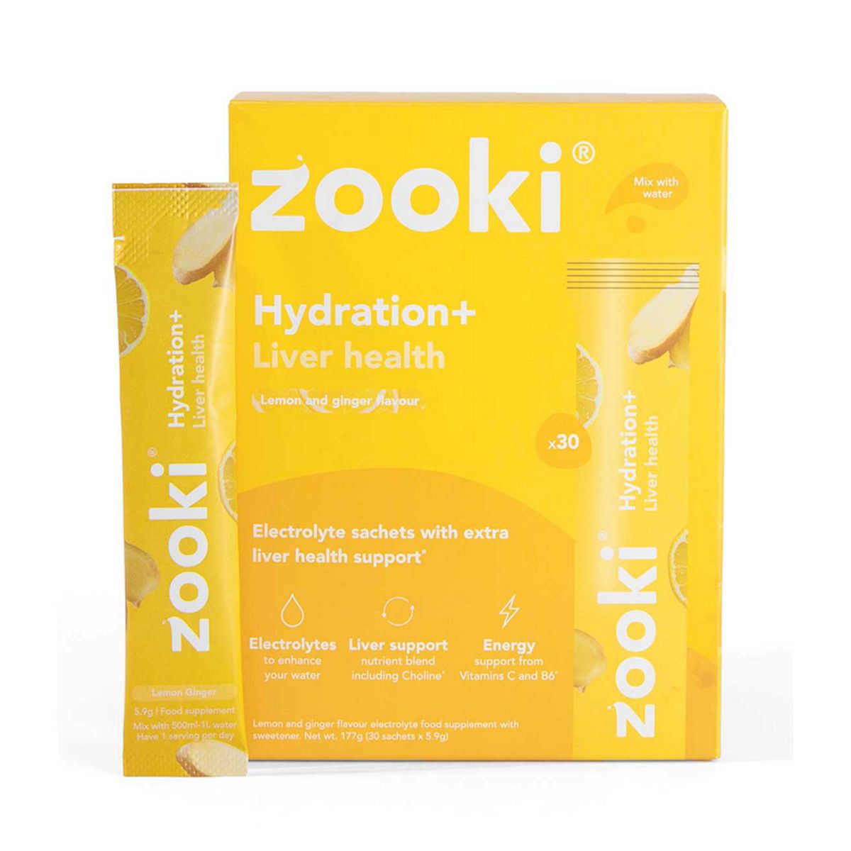 Zooki Electrolytes+ Liver Health, Lemon Ginger Flavour - 30 Sachets