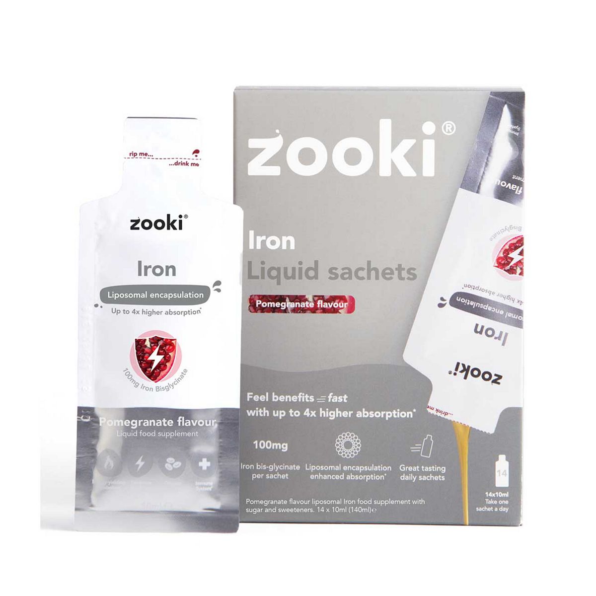 Zooki Liposomal Iron Bisglycinate 100Mg, Pomegranate Flavour - 14X10ml Liquid Sachets