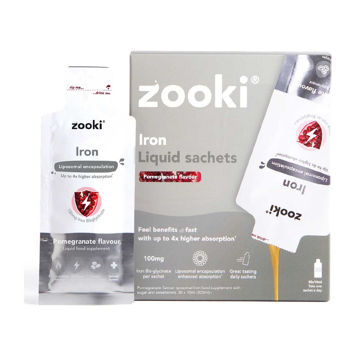 Zooki Liposomal Iron Bisglycinate 100Mg, Pomegranate Flavour - 30X10ml Liquid Sachets
