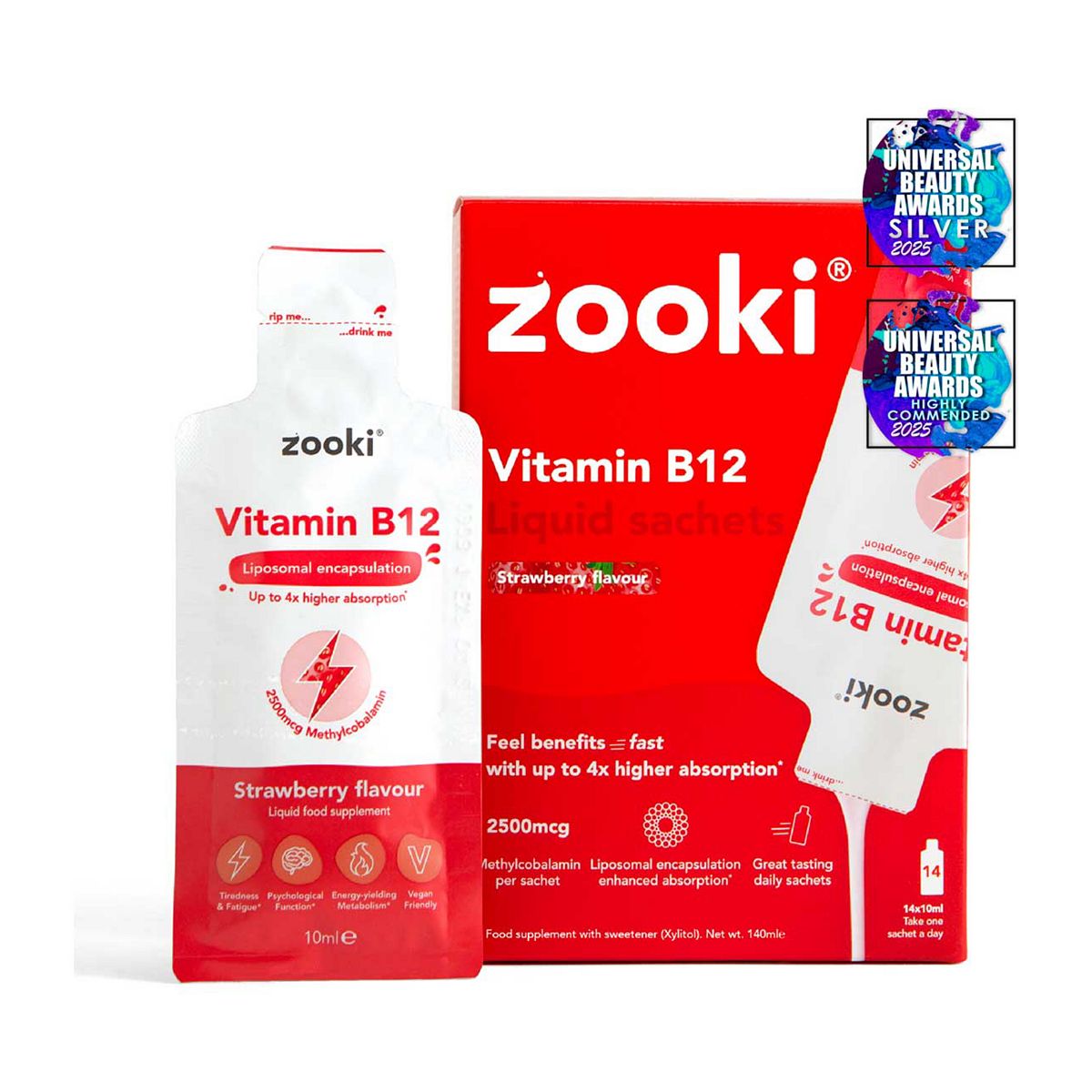 Zooki Liposomal Vitamin B12 2500Mcg, Strawberry Flavour - 14X10ml Liquid Sachets