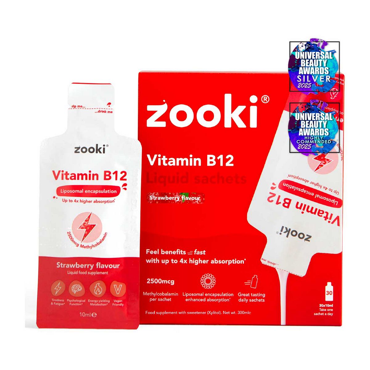 Zooki Liposomal Vitamin B12 2500Mcg, Strawberry Flavour - 30X10ml Liquid Sachets