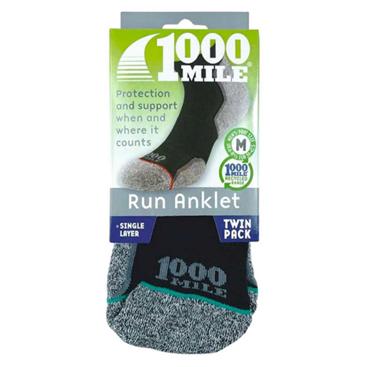 1000 Mile Run Anklet Repreve Single Layer Socks Black Grey - Small Twin Pack Multicolor