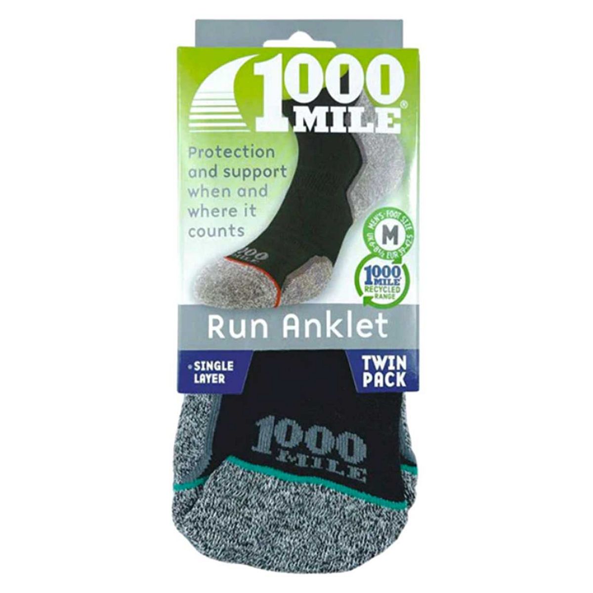 1000 Mile Run Anklet Repreve Single Layer Socks Silver Orange Green - Medium Twin Pack Multicolor
