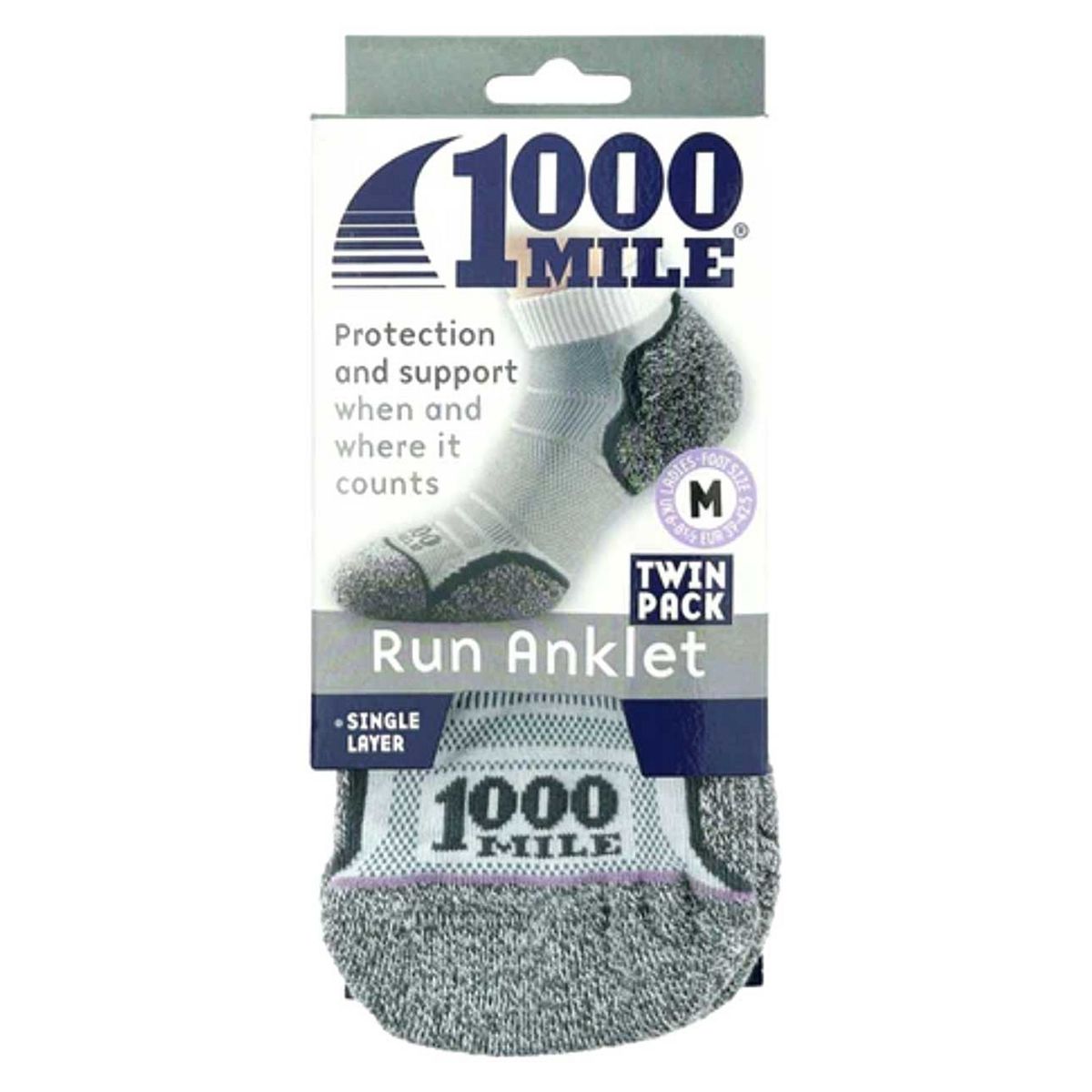 1000 Mile Run Anklet Single Layer Socks White Grey - Large Twin Pack Multicolor