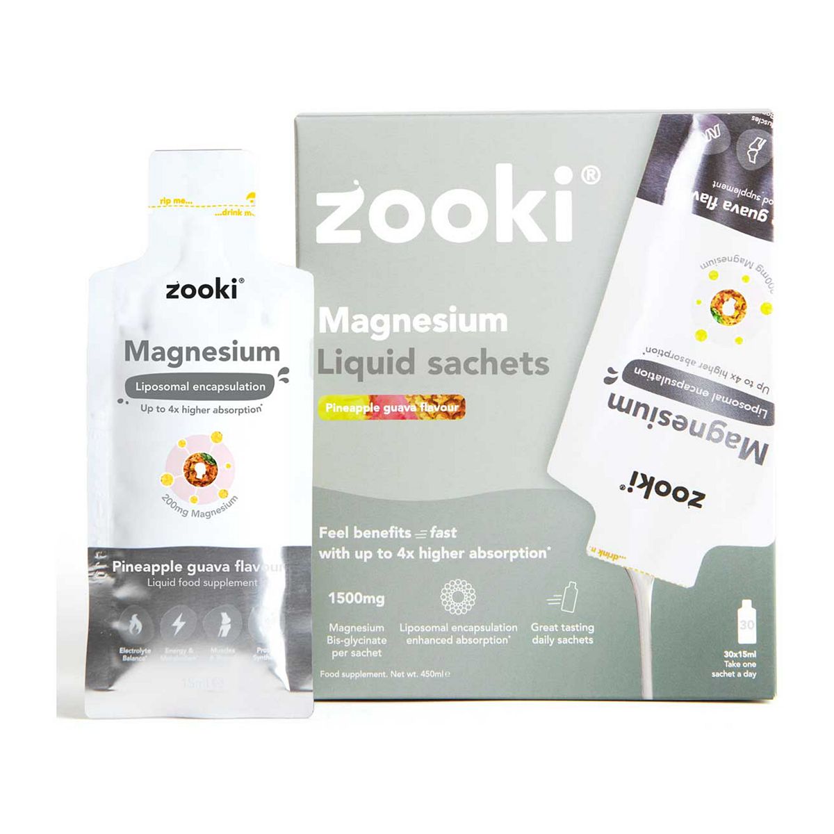 Zooki Liposomal Magnesium Bisglycinate 1,500Mg, Pineapple Guava Flavour - 30X15ml Liquid Sachets