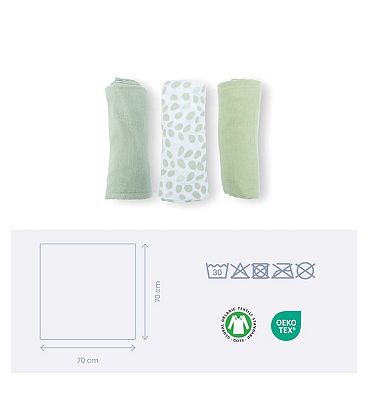 Doomoo Lovely 70x70 Muslin Cloths Mini Green Leaves 3s