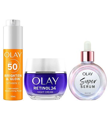 Olay Vitamin C Face Fluid SPF50, Super Serum Hydrating Face Serum 50ml & Olay Retinol 24 Night Cream