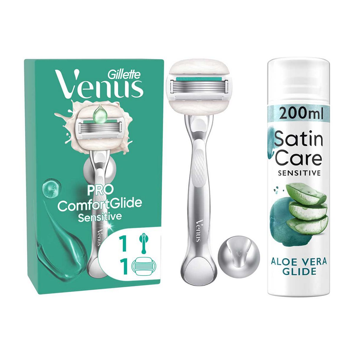 Venus Pro Comfortglide Sensitive Razor + Satin Care Aloe Vera Shave Gel Bundle