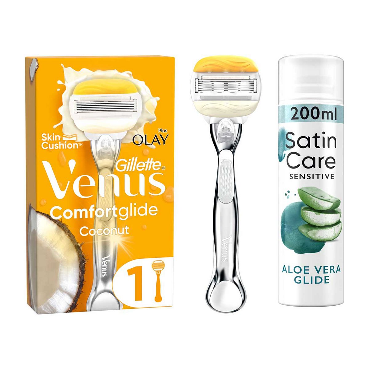 Venus Pro Comfortglide Coconut Olay Razor + Satin Care Aloe Vera Shave Gel Bundle
