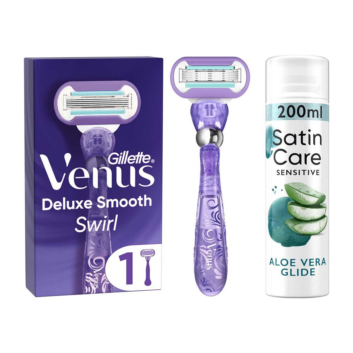 Venus Deluxe Smooth Swirl Razor + Satin Care Aloe Vera Shave Gel Bundle