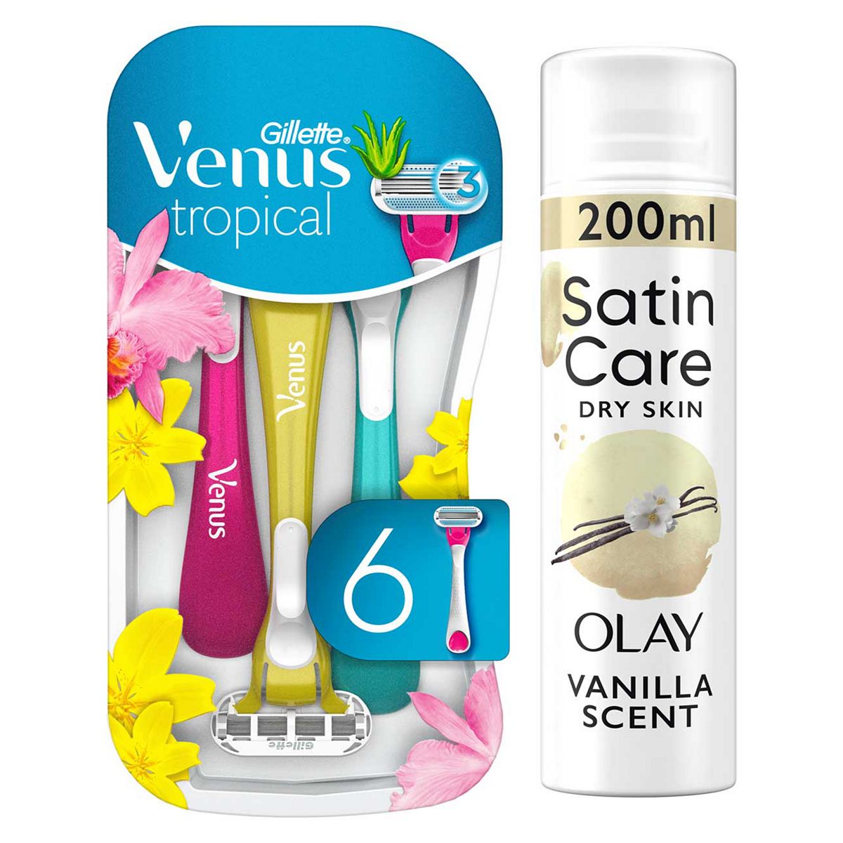Venus Tropical Disposable Razors X6 + Satin Care Vanilla Cashmere Shave Gel Bundle