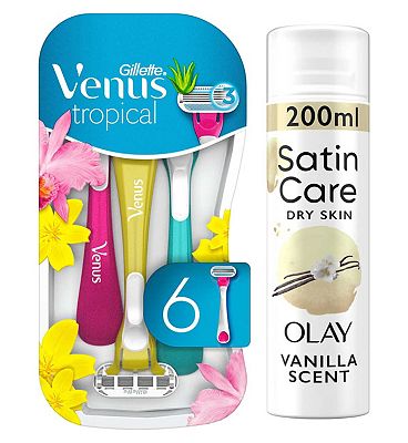 Venus Tropical Disposable Razors x6 + Satin Care Vanilla Cashmere Shave Gel Bundle