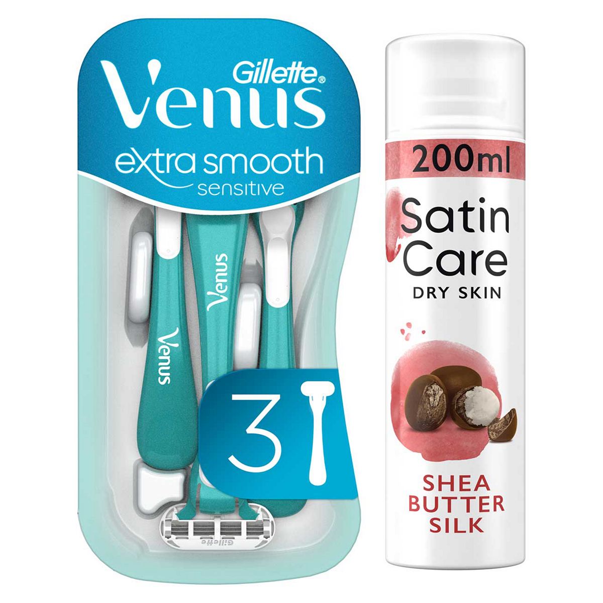 Venus Extra Smooth Sensitive Disposable Razors X3 + Satin Care Shea Butter Shave Gel Bundle