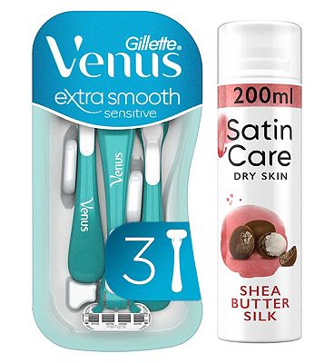 Venus Extra Smooth Sensitive Disposable Razors x3 + Satin Care Shea Butter Shave Gel Bundle