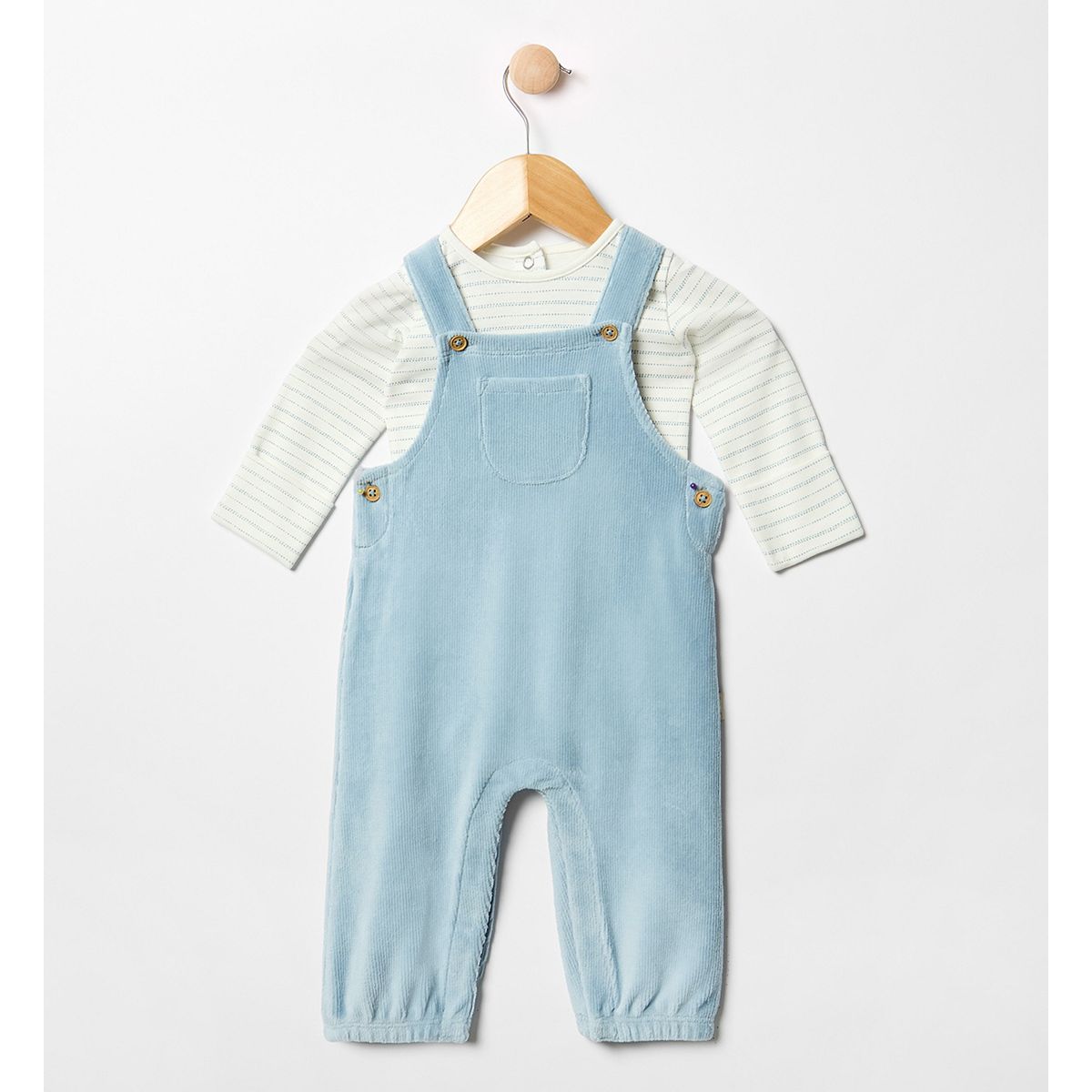 Maybe Baby Striped Bodysuit & Blue Ribbed Velour Dungaree Set 0-3 Months, 0 - 3 Months Multicolor