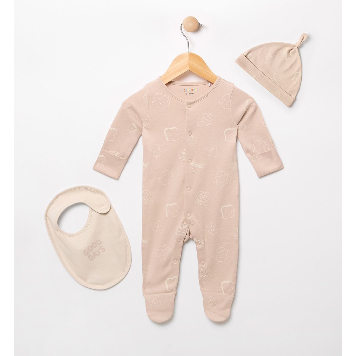 Maybe Baby Breakfast Print Sleepsuit Hat And Bib Set, 6 - 9 Months Multicolor