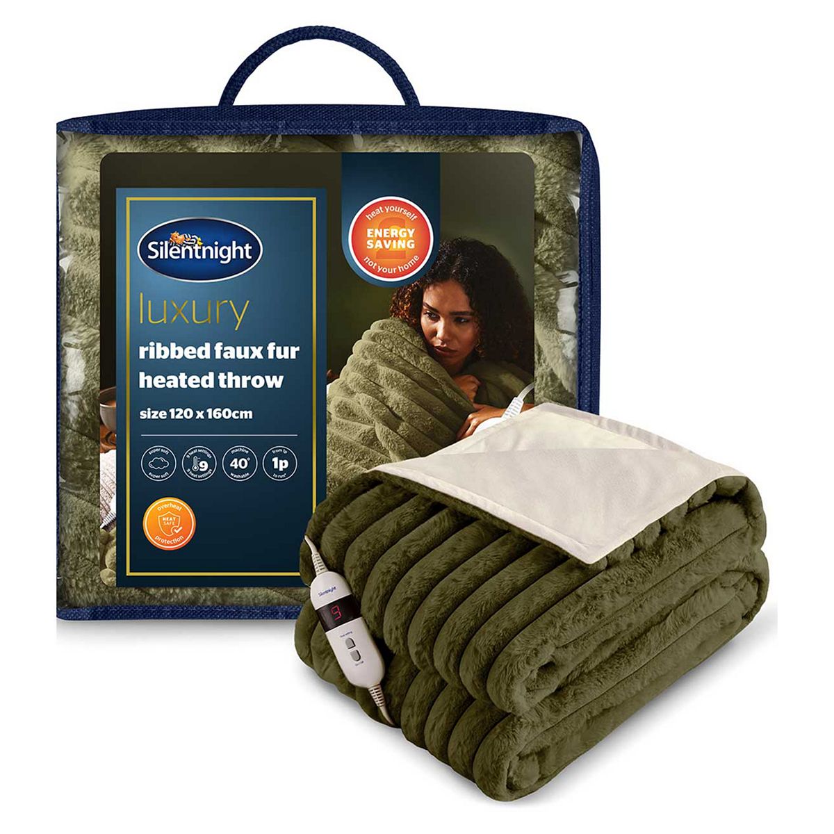 Silentnight Luxury Ribbed Faux Fur Heated Throw 9 Heat Settings Olive Green