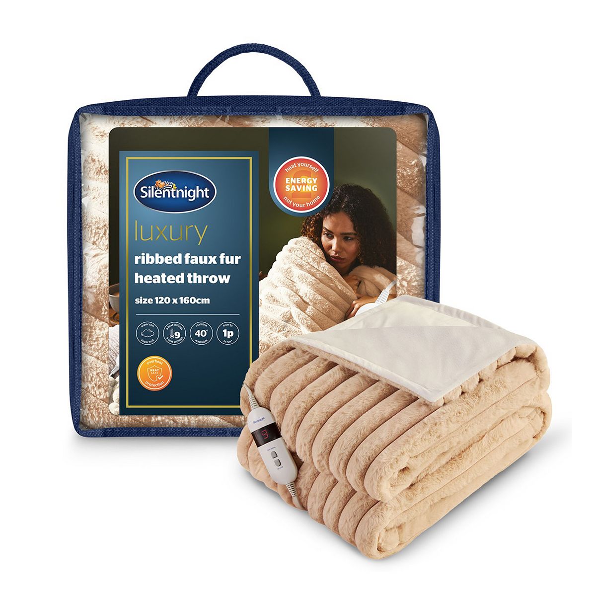 Silentnight Luxury Ribbed Faux Fur Heated Throw 9 Heat Settings Natural
